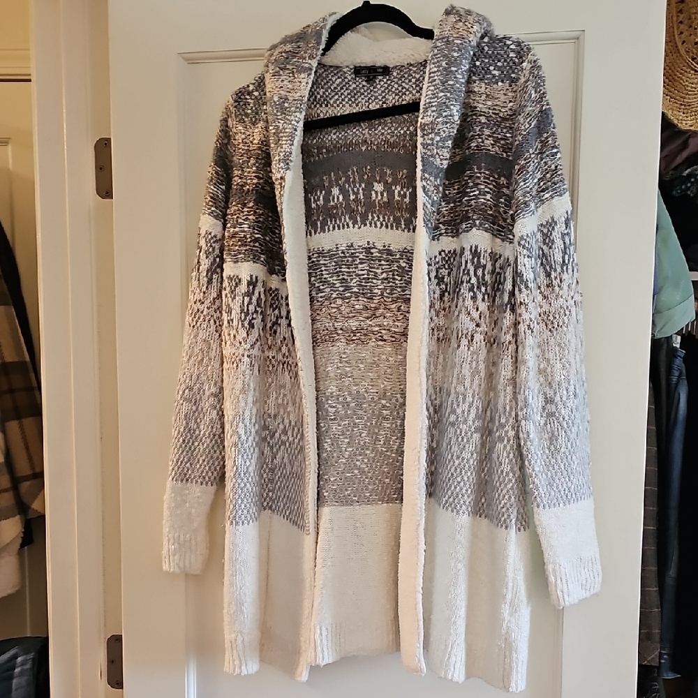 Elegant Hooded Knit Cardigan - Cream and Gray